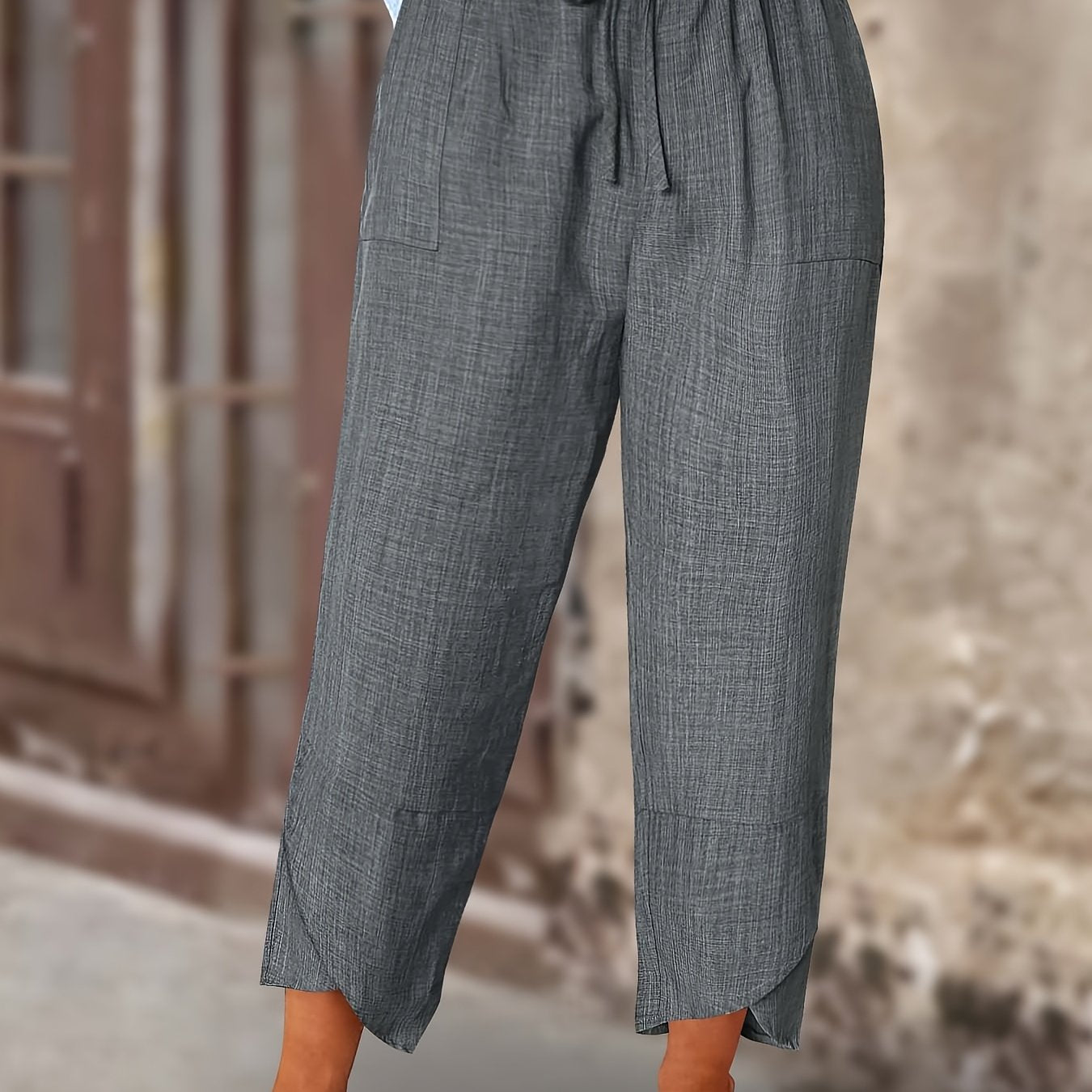 Women Navy Blue Harem Pants with Drawstring Waist Patch Pockets