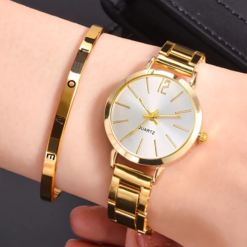 Women's Gold Quartz Watch and Bracelet Set Minimalist Fashion Gift for Valentine's Easter Eid