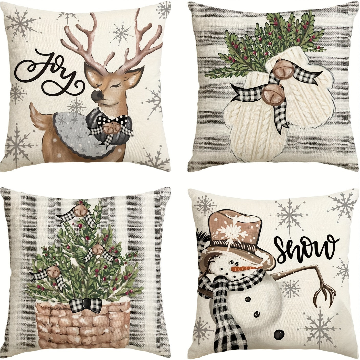 Set of Four Christmas Pillowcases Polyester Fabric 45x45cm Home Decor