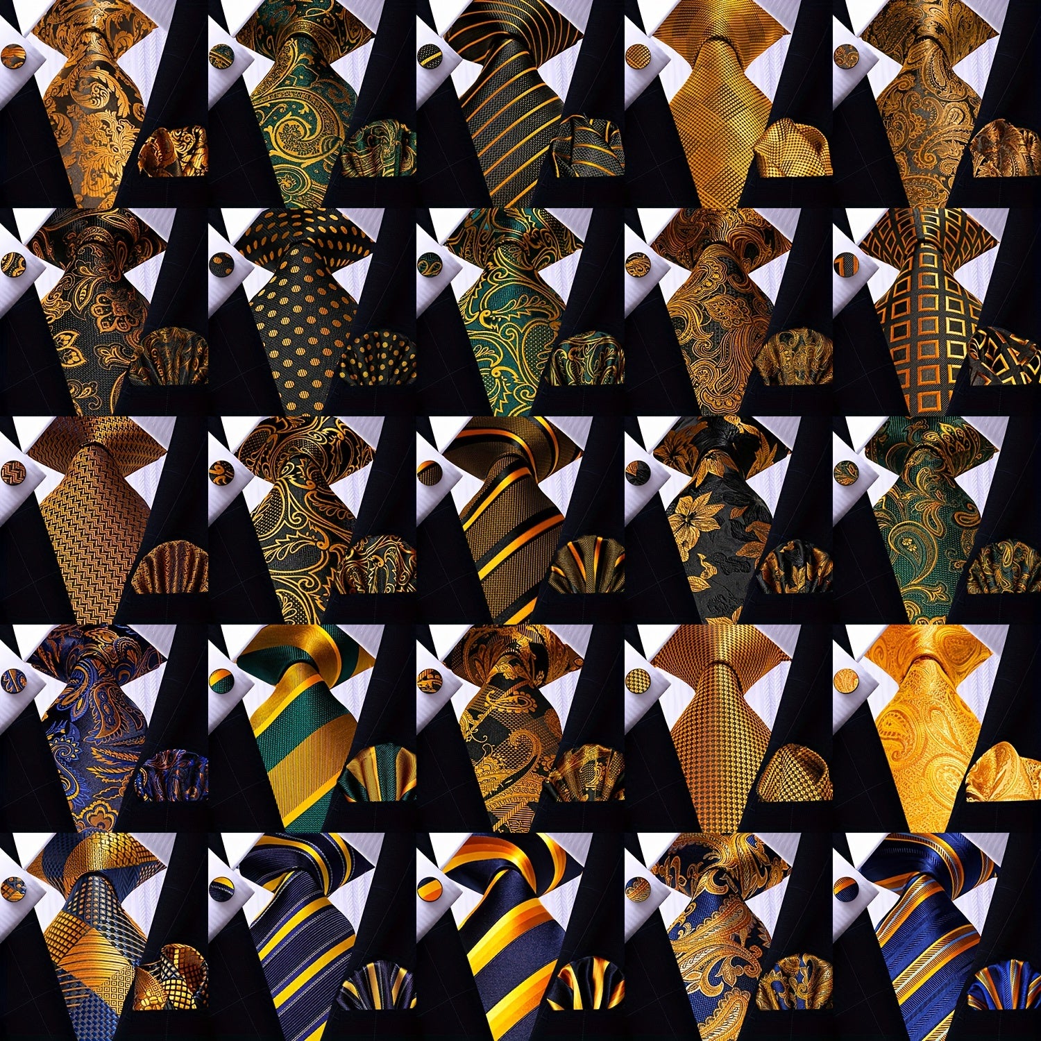 Men's Gold Accessories Set Tie Pocket Square Cufflinks for Weddings Business