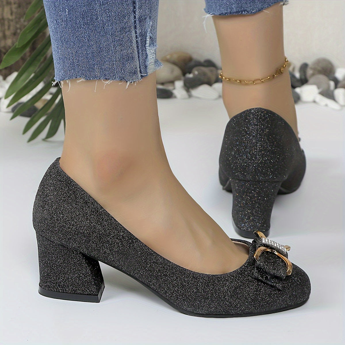 Women Low-Cut High Heel Shoes Rhinestone Butterfly Bows Matte Work Shoes Plus Size