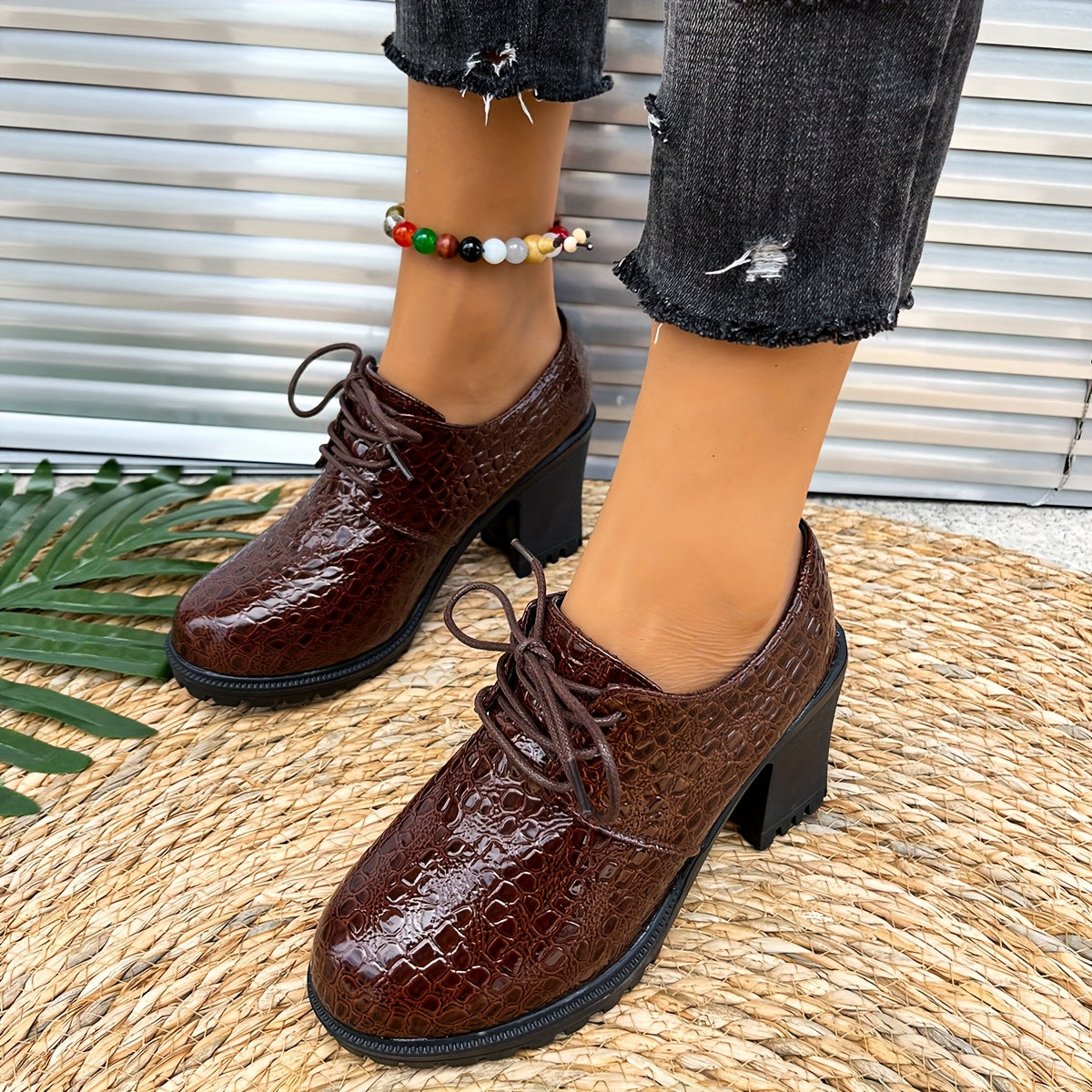 Women's Burgundy Crocodile-Textured PU Oxford Shoes Chunky Heels