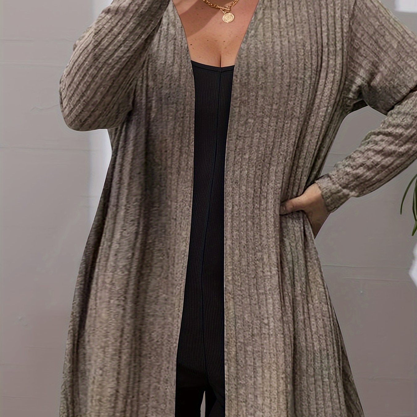 Plus Size Women's Knit Cardigan Long Sleeve Open Front Black Casual Coat