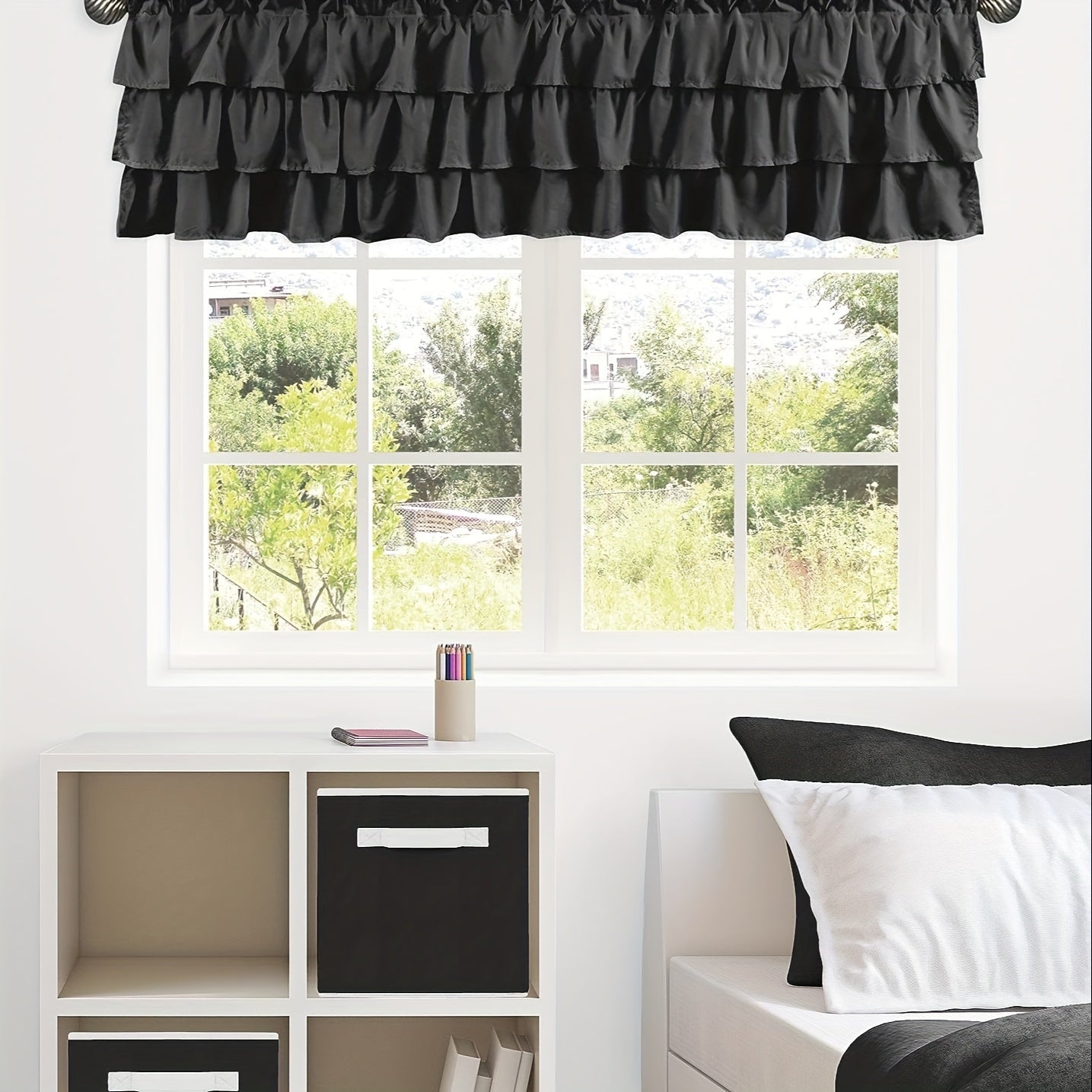 White Ruffle Print Small Curtain Tiers for Kitchen Window Decor