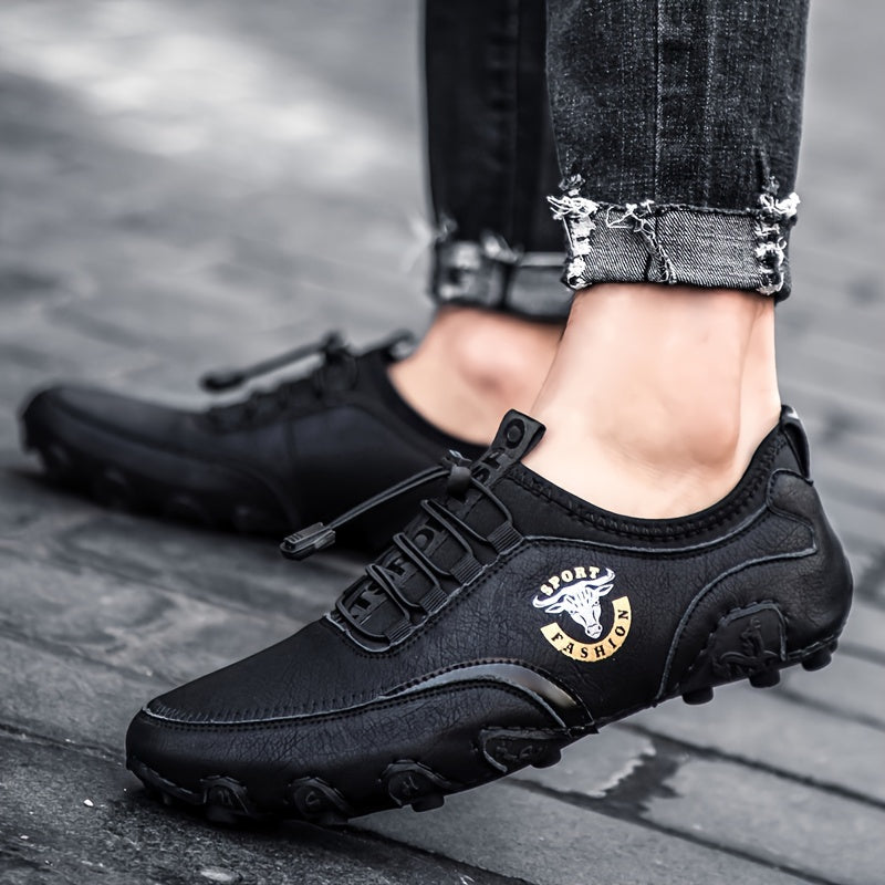 Men's Driving Shoes Leather Slip-On Casual Round Toe Rubber Sole