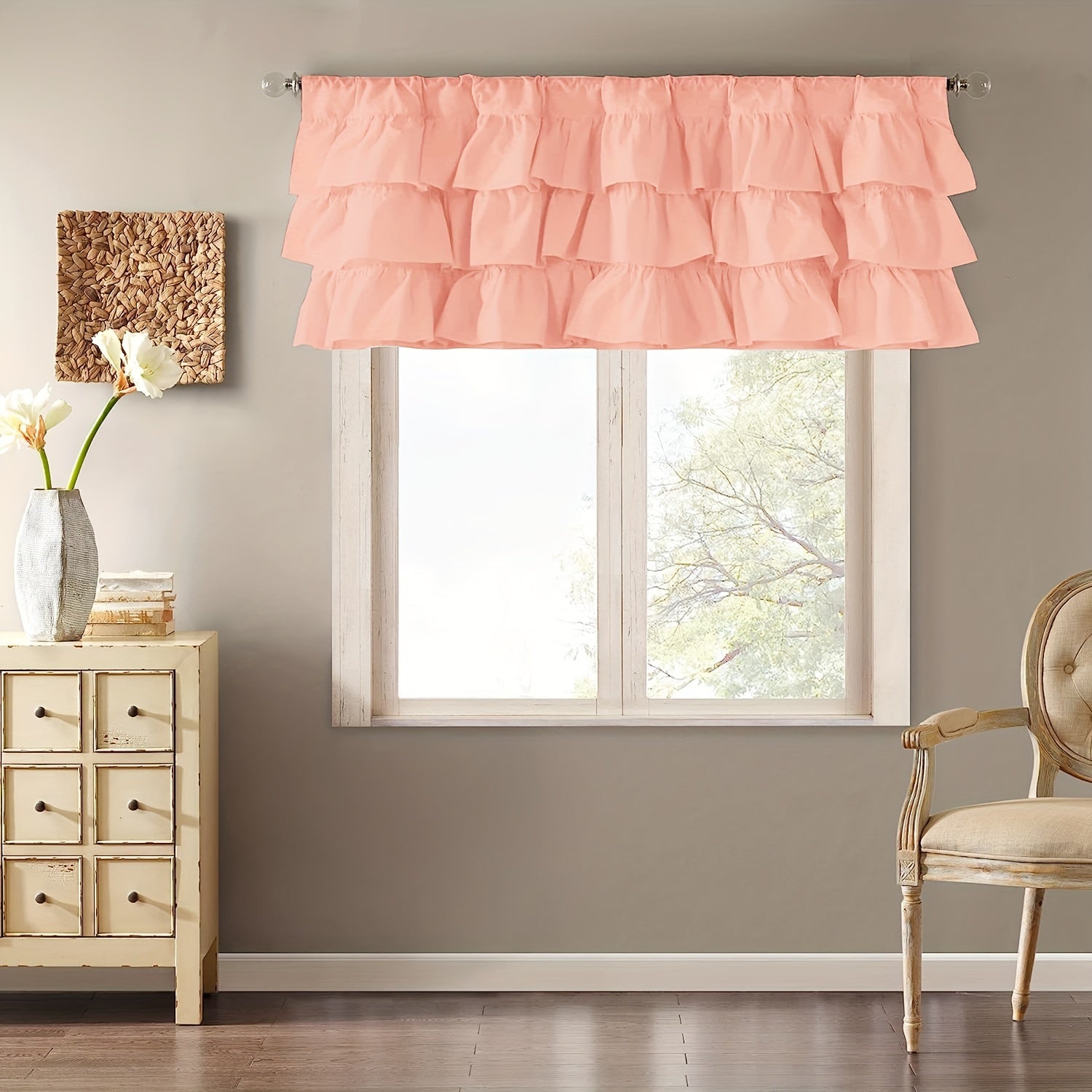 White Ruffle Print Small Curtain Tiers for Kitchen Window Decor