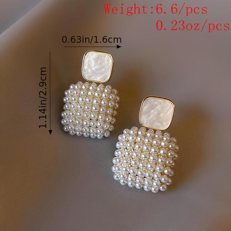 Women Pearl Drop Earrings Silver Plated Square Pendant Jewelry