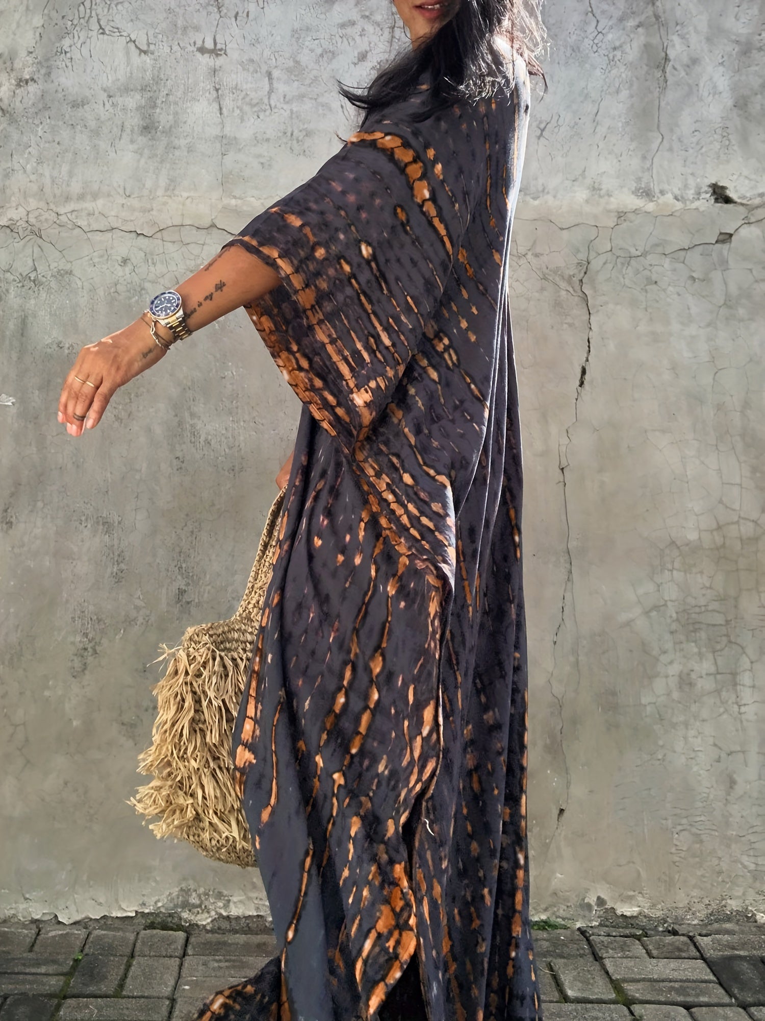 Plus Size Tie Dye Kaftan Dress Casual V Neck Batwing Sleeve