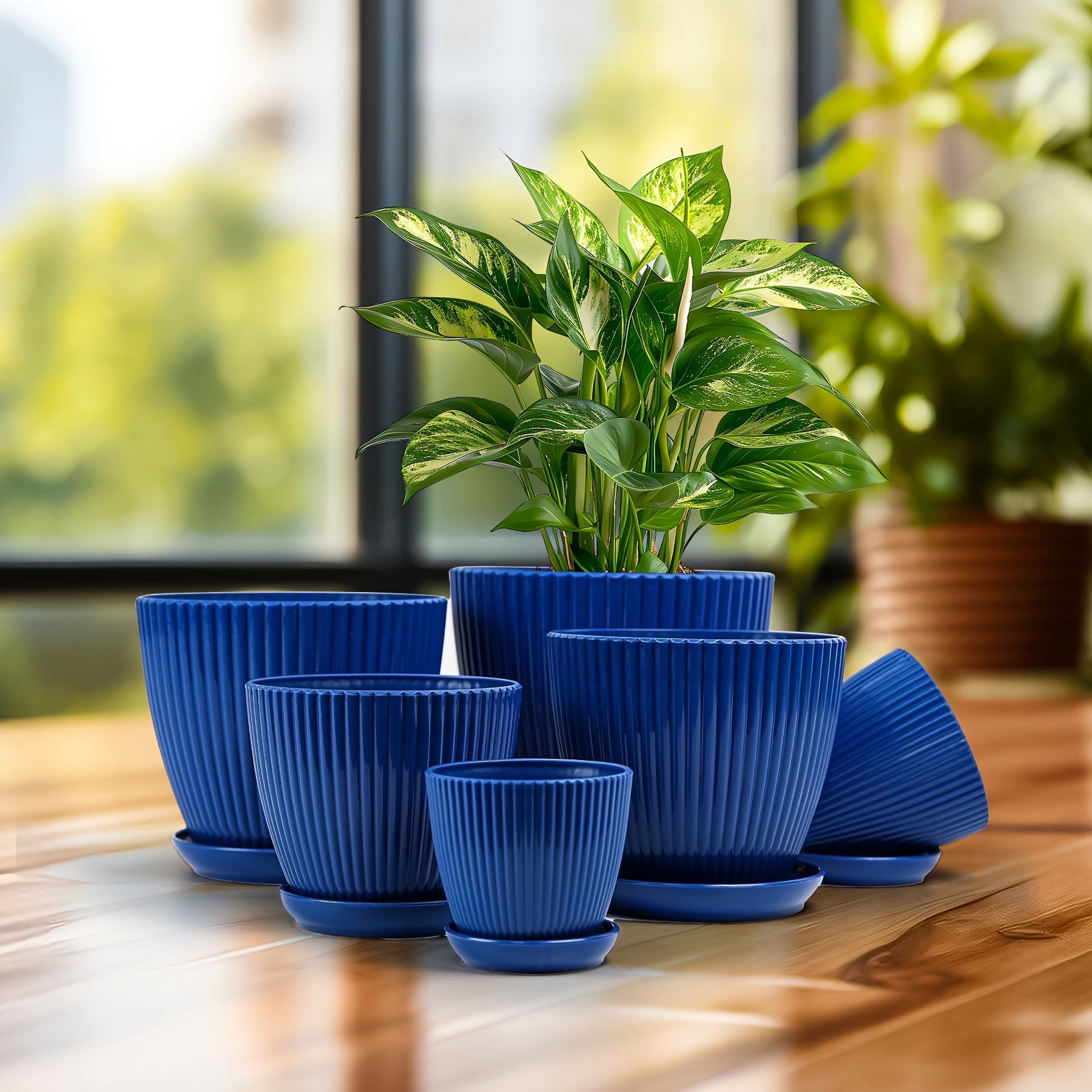 6 ta plastik gul idishlari va tagliklar, 6 o'lchamda ichki va tashqi bog'lar uchun planters