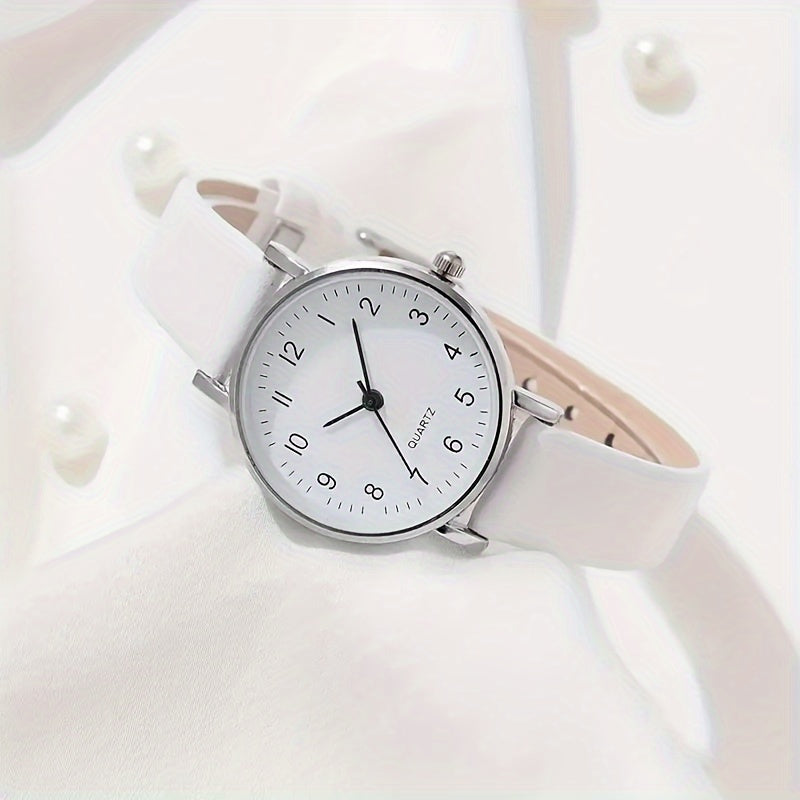 Women's White Quartz Watch and Leaf Open Bracelet Set for Gifting