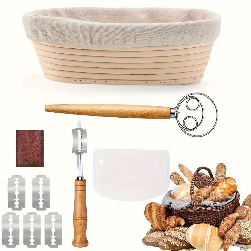 10-Piece Italian Bread Proofing Basket Set with Rattan Baskets and Accessories