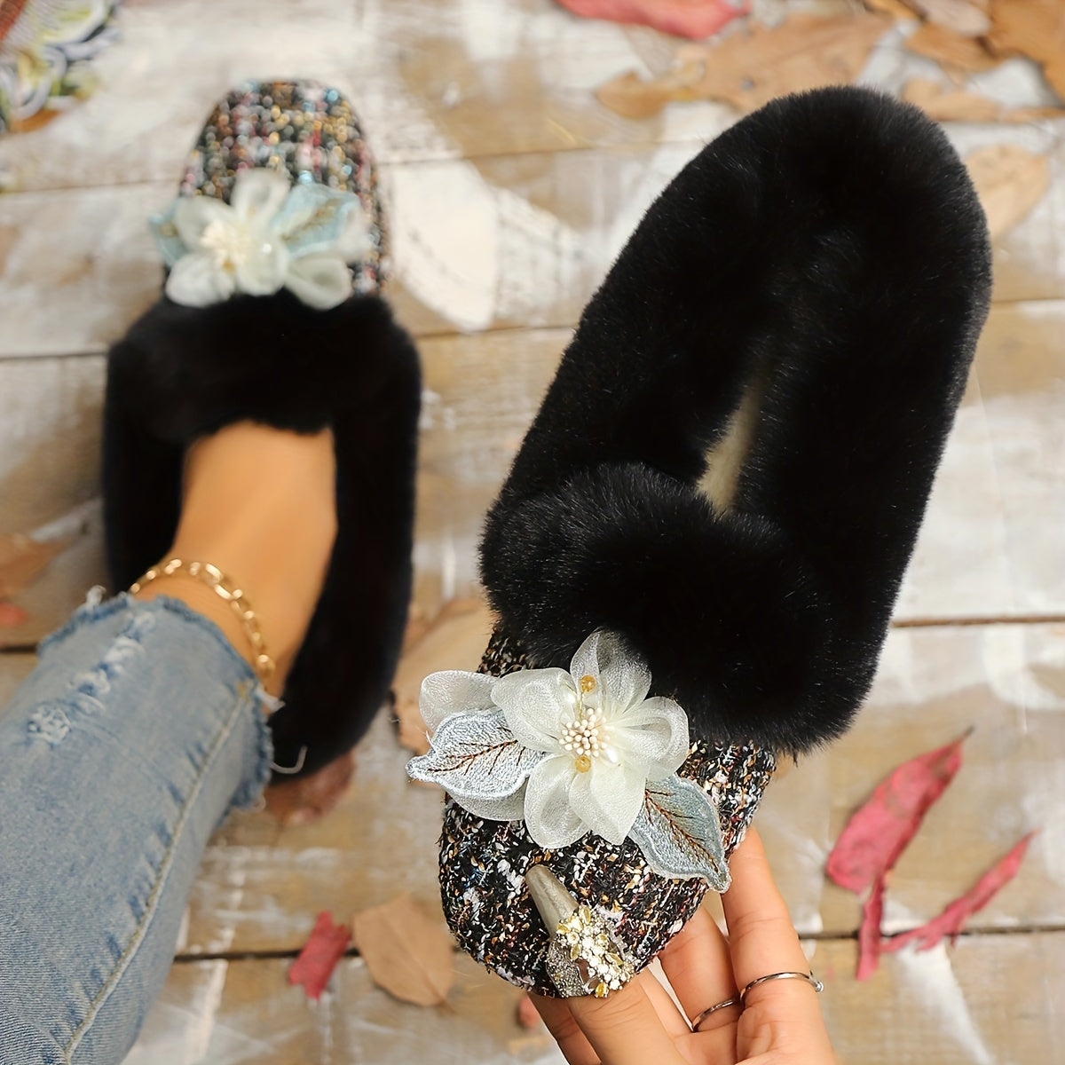 Women's Fleece-Lined Slip-On Flats with Bowknot Square Toe Indoor Outdoor Shoes