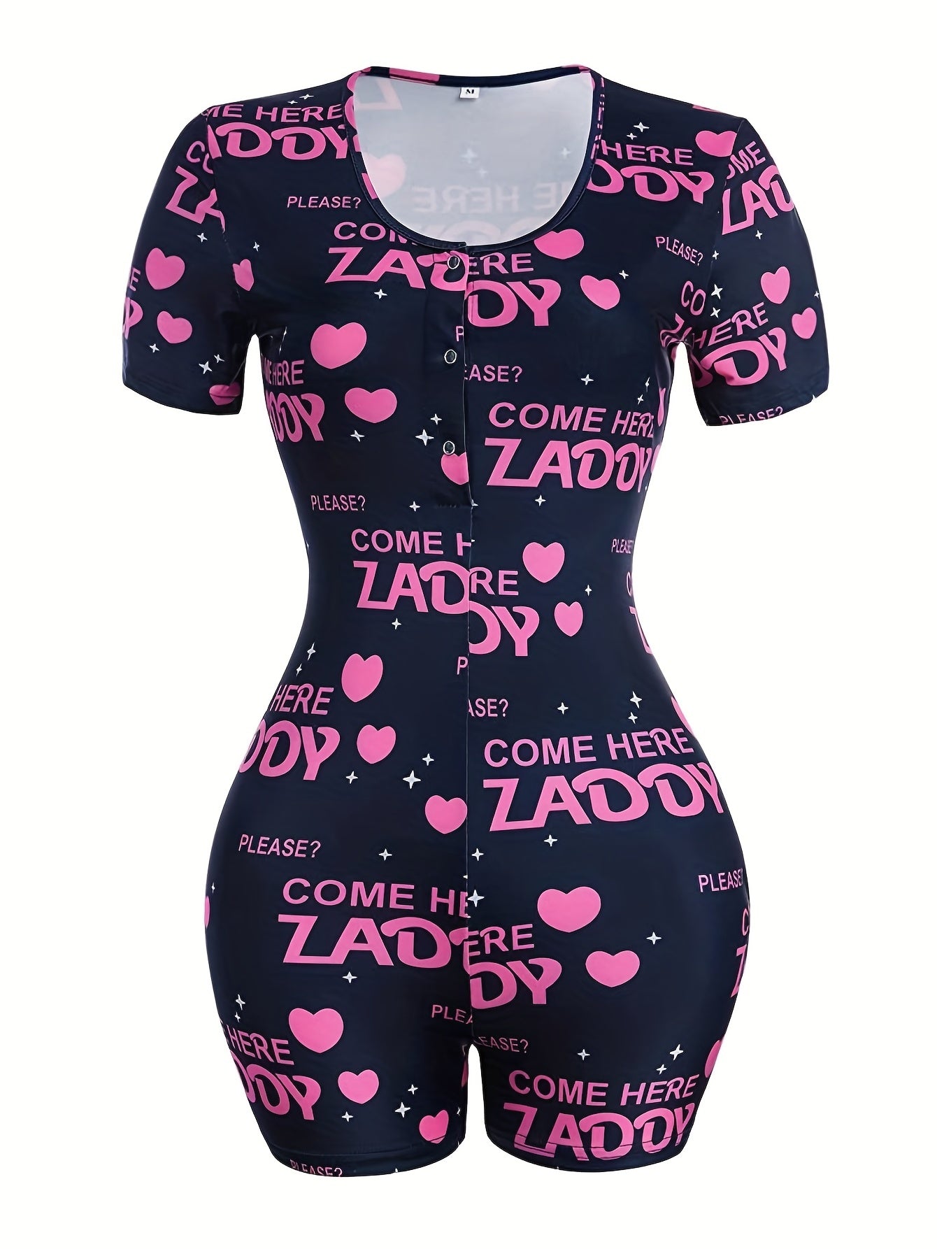 Women's Navy Blue Bodysuit Short Sleeve Crew Neck with Lady Print