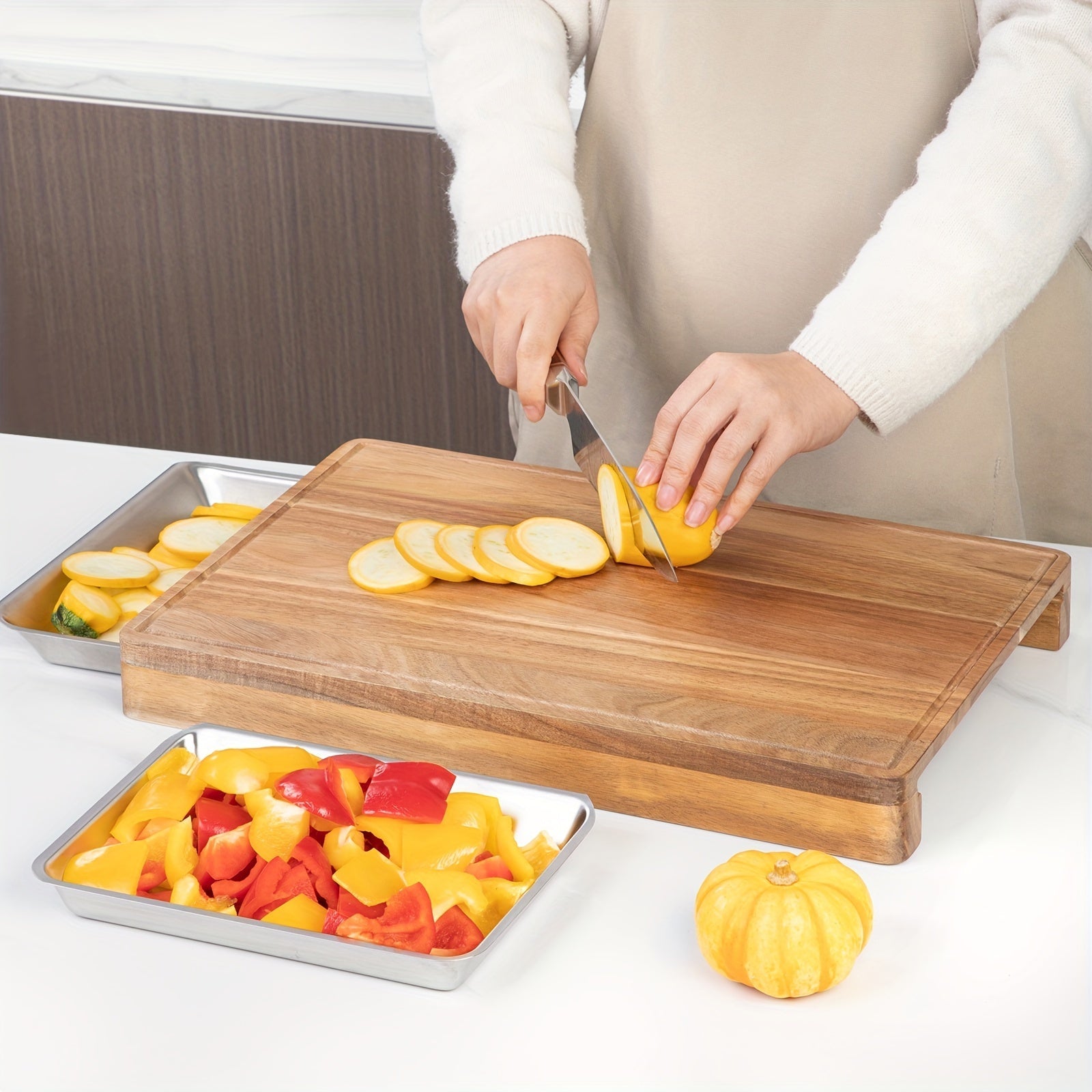 Large Bamboo Cutting Board with Pull-Out Drawers, Non-Slip Surface