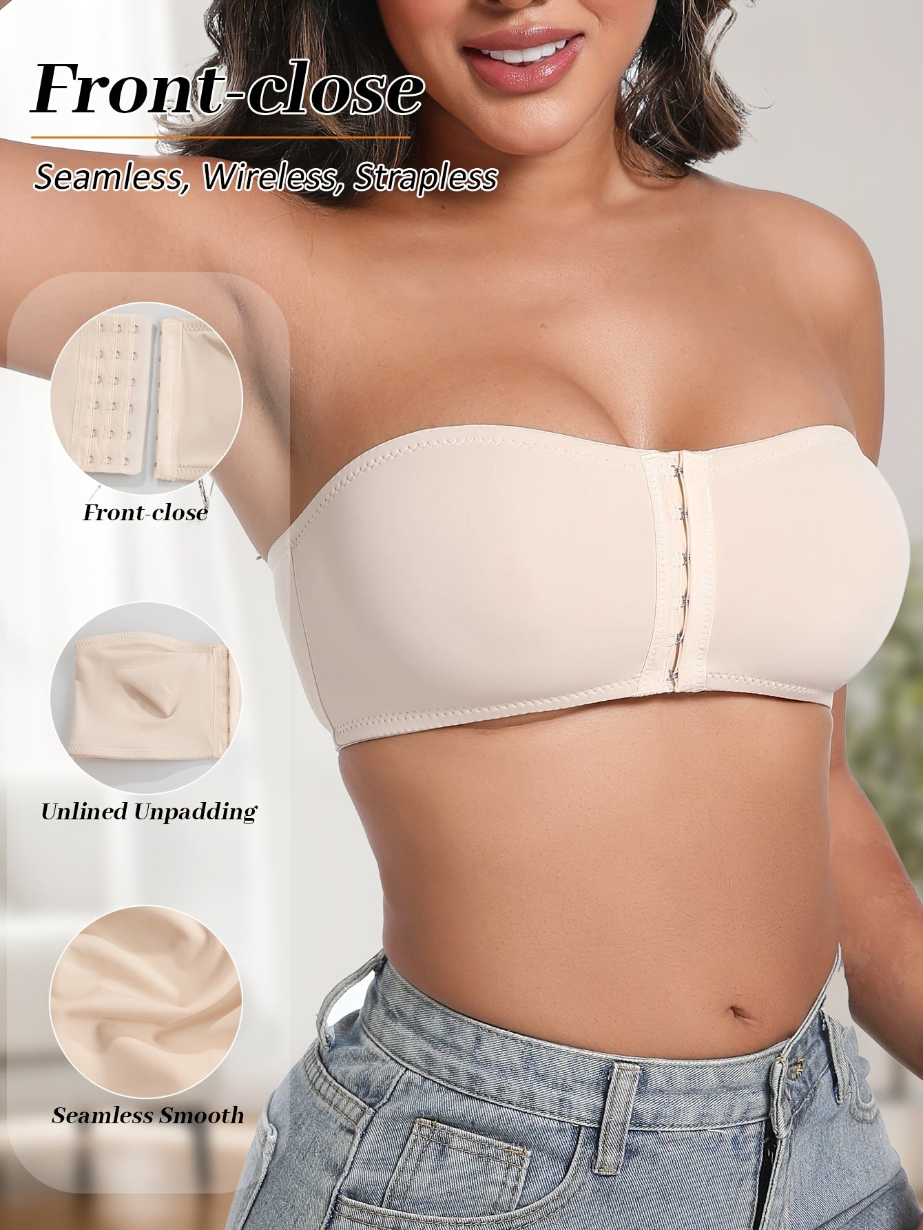 Women’s Seamless Strapless Front Closure Bra No Underwire Anti-Roll Silicone Grip Casual