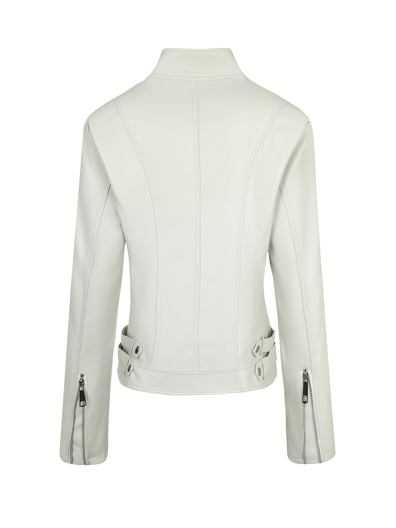 Women's Faux Leather Biker Jacket with Stand Collar and Zipper for Spring Fall Casual Wear