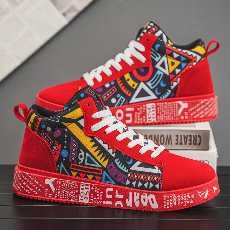 Men's High-Top Fabric Casual Sneakers Slip-Resistant Plaid Lace Shoes