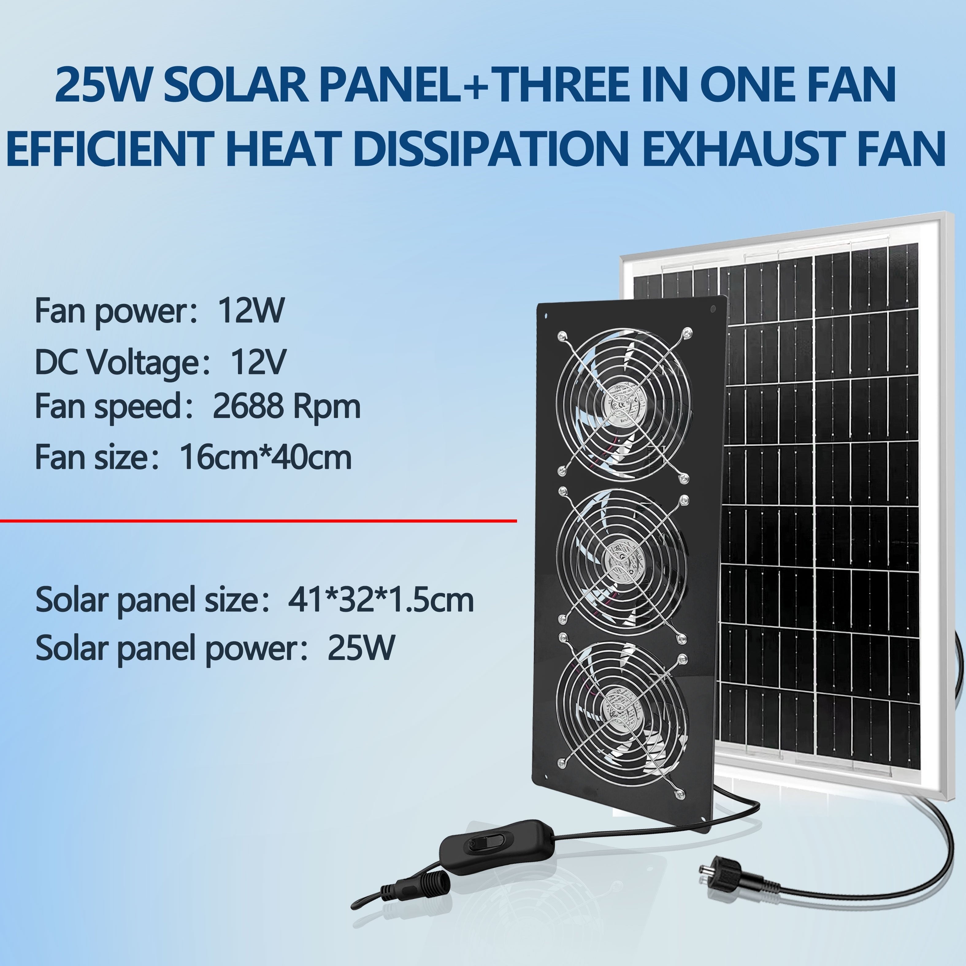 Portable 25W Solar Panel with Exhaust Fan Kit for Attic Shed RV Ventilation