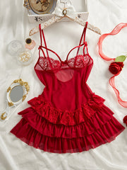 Vestido de tirantes de malla de terciopelo rojo para mujer en rojo