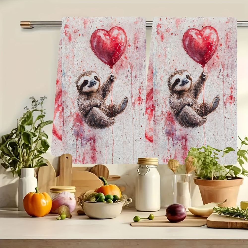 Set of 2 Ultra-Soft Absorbent Kitchen Towels Valentine’s Day Sloth Design 40x60 cm