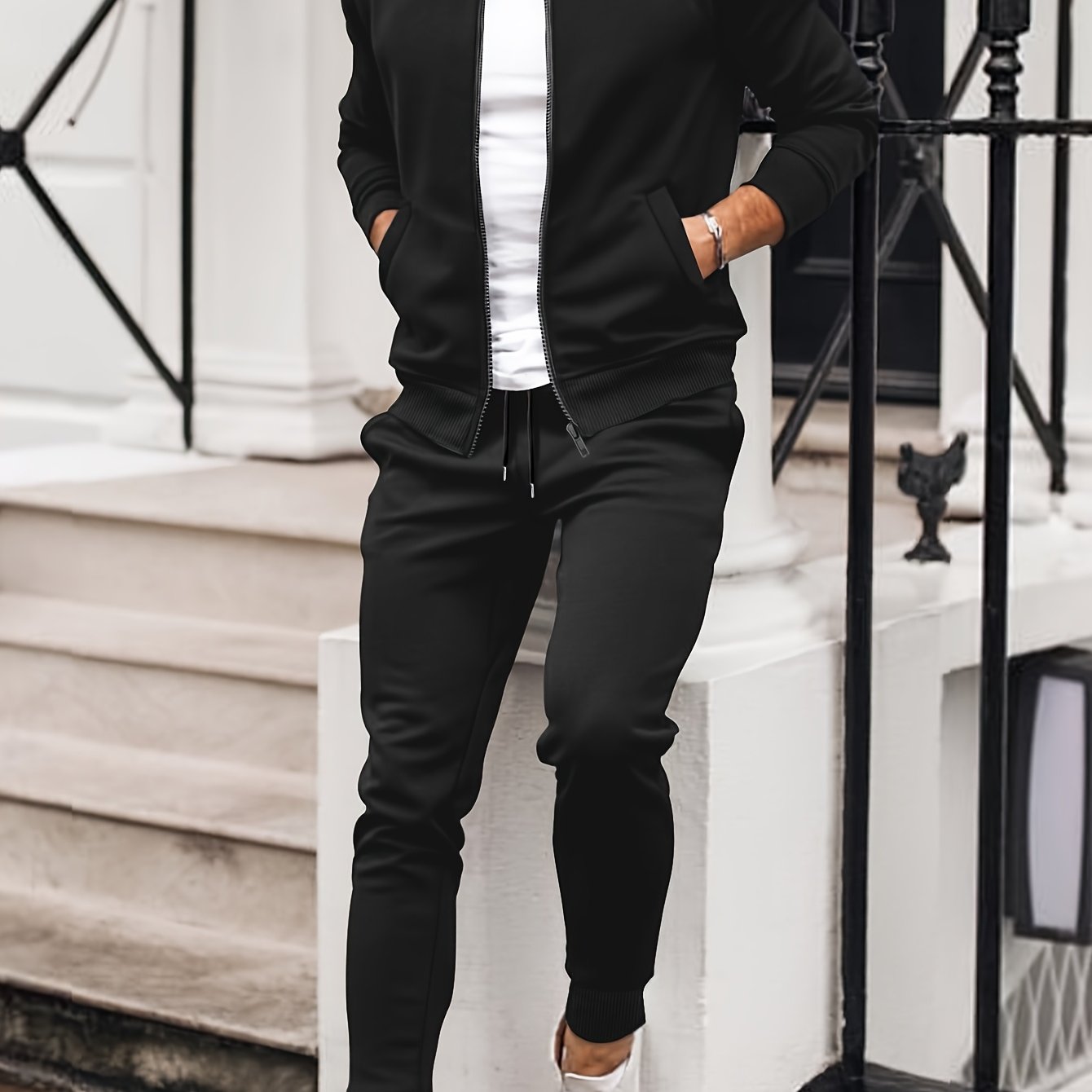 Men's Polyester Sweatsuit Set with Baseball Collar Long Sleeve Solid Color Fall Winter