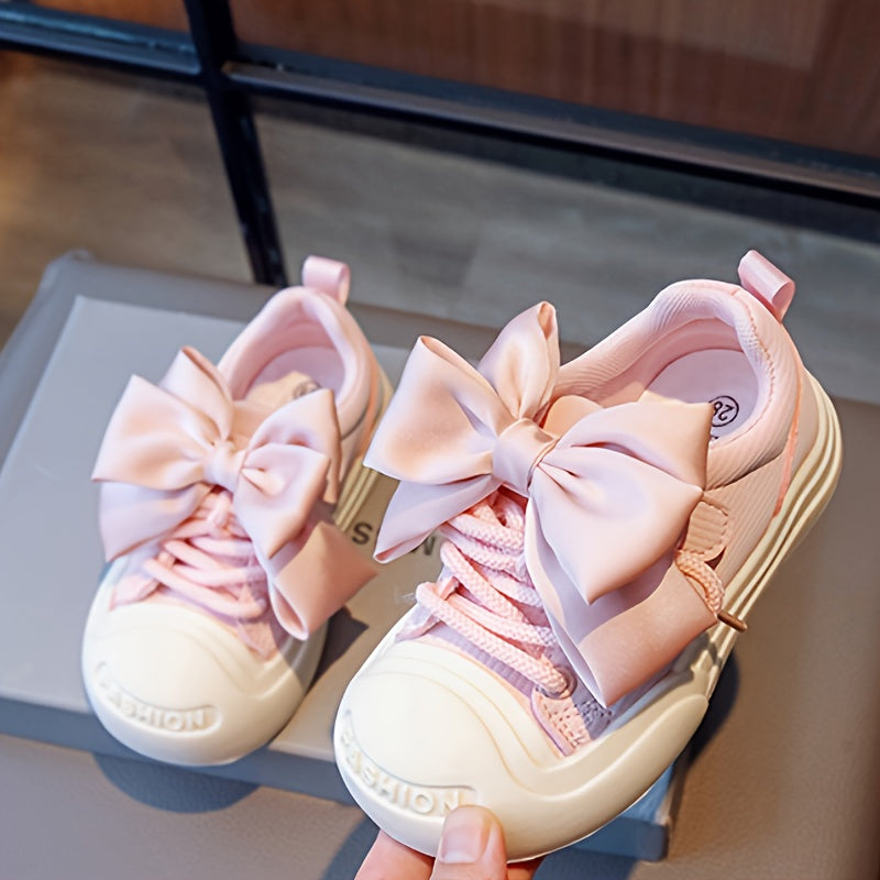 Kids Girls Canvas Sneakers Lace-Up Casual Shoes with Rubber Sole and Bow Detail