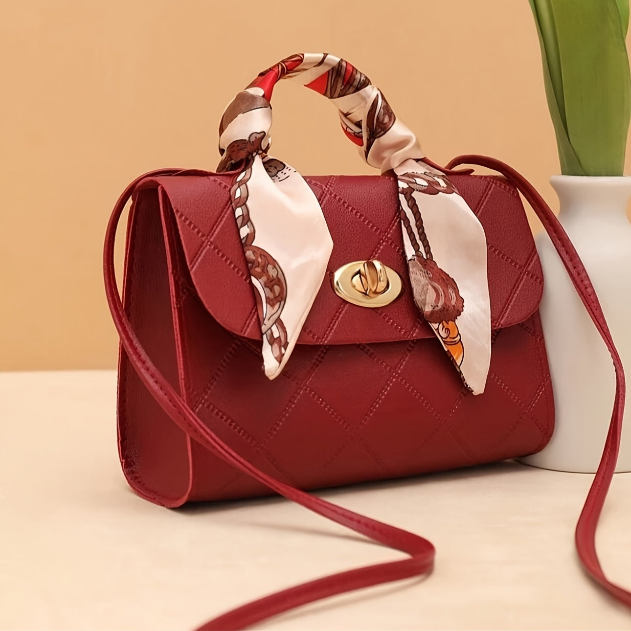 Quilted Crossbody Bag for Women with Reversible Scarf Stain-Resistant PU Minimalist Office Daily Use