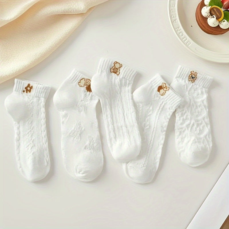Women’s White Embroidered Low Cut Cotton Socks 5 Pairs Breathable Simple