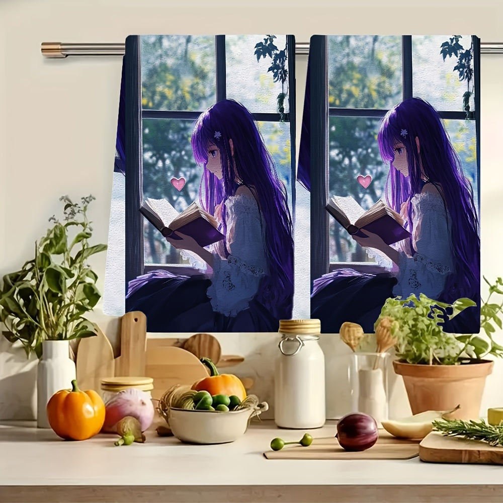 Set of 2 Ultra-Soft Kitchen Towels Anime Girl Purple Hair Absorbent Dish Towels