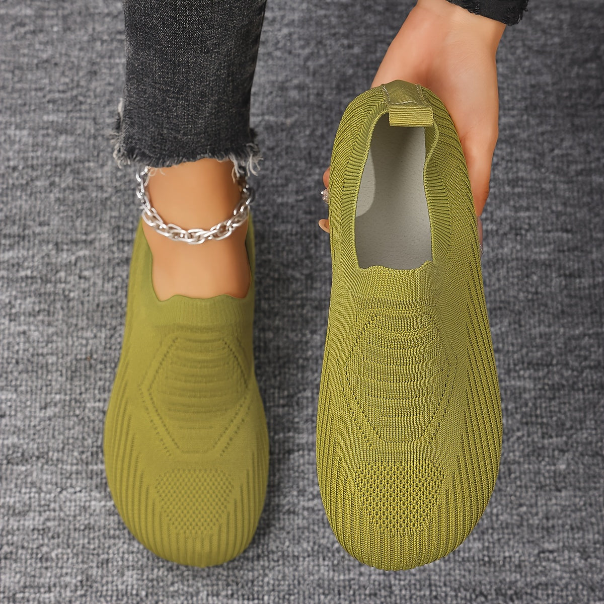 Women's Knit Slip-On Flats Casual Round Toe Mary Jane Shoes Gray Fabric