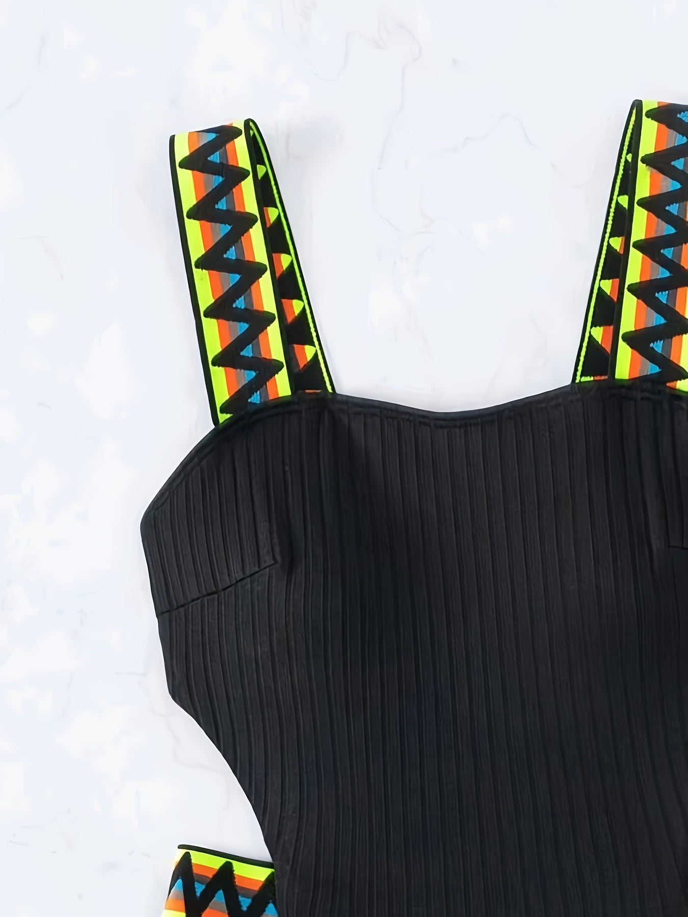 Black One-Piece Swimsuit with Zigzag Contrast Straps and High Stretch Fabric