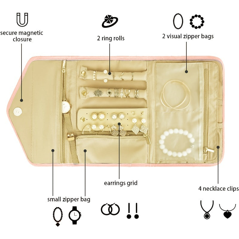 Zargarlik va makiyaj uchun ko'p bo'limli, suv o'tkazmaydigan zamonaviy tashkilotchisi, sayohat va uyda saqlash uchun ideal. Pushti, qora va cyan ranglarda mavjud. Mustahkam polyester materialidan tayyorlangan.