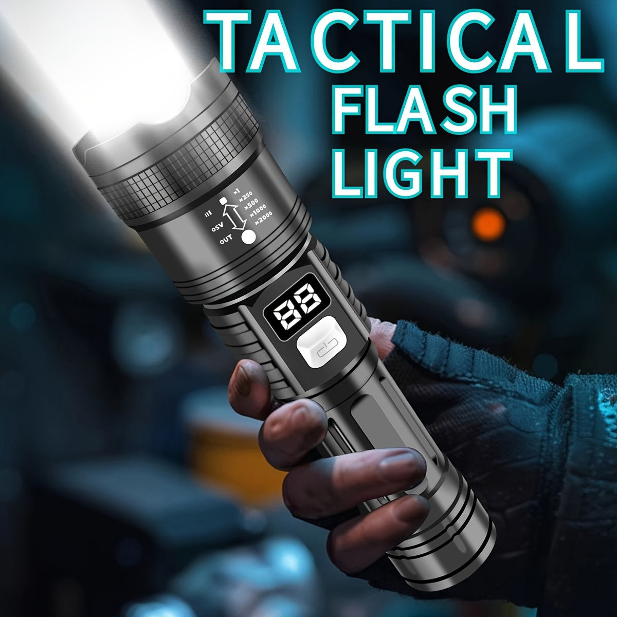 Rechargeable Tactical LED Flashlight with Digital Display, 3 Modes, Outdoor Use