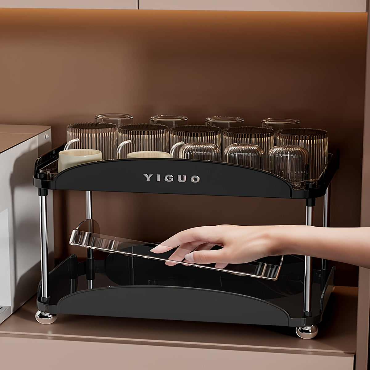 YIGUO Qopqoqsiz Ikki Qavatli Oshxona Tashkiliy Raqami - Chashkalar, Kofe Qoplari, Kofe Podlari uchun - Ochiq Saqlash Dizayni, Ko'p Maqsadli, Assembling Kerak Emas, Stol va Sirt Ko'rsatish Polka Kiritilgan