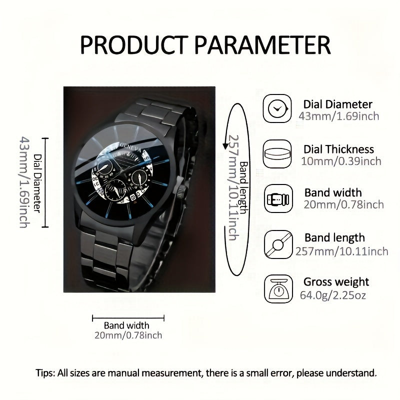 Men's Black Stainless Steel Quartz Watch with Round Zinc Alloy Case and Pointer Display