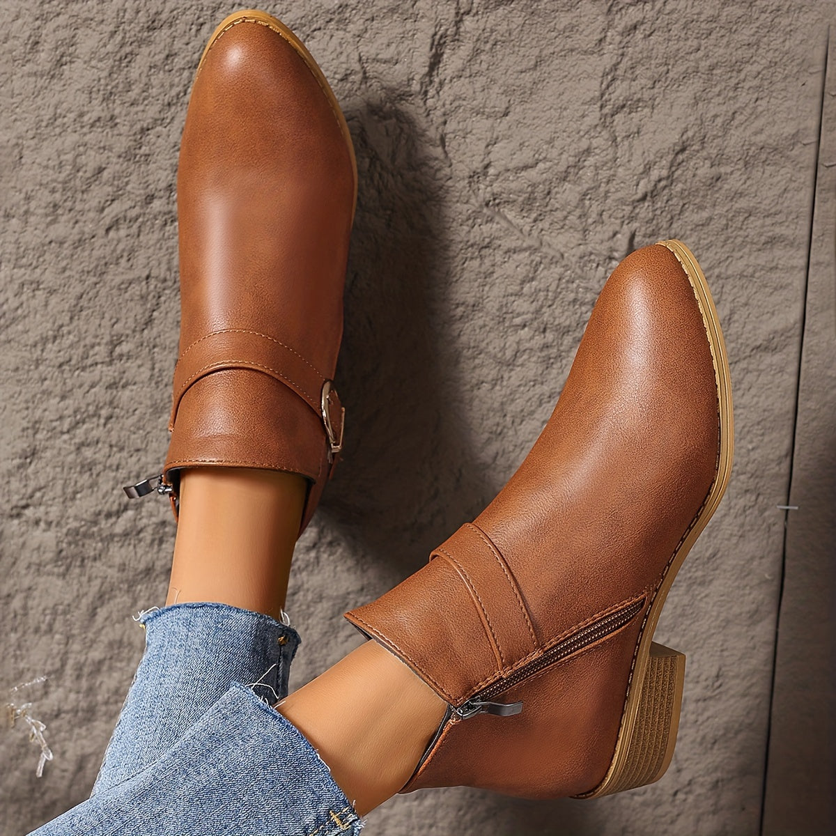 Women's Ankle Boots Faux Leather Slip-On Chunky Heel Non-Slip Brown