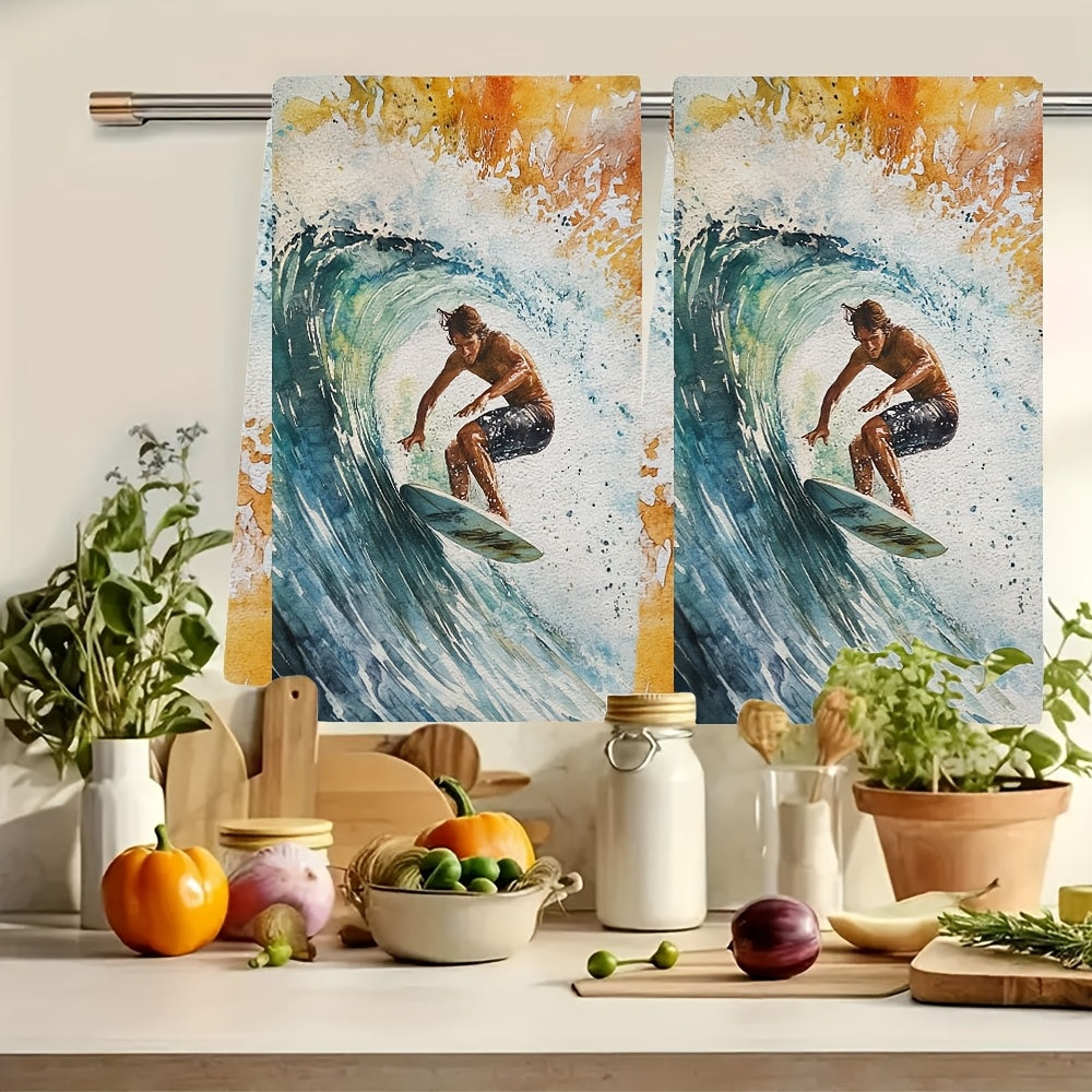 Set of 2 Ultra Soft Surfing Dish Towels, Vibrant Design, Absorbent, Quick-Dry