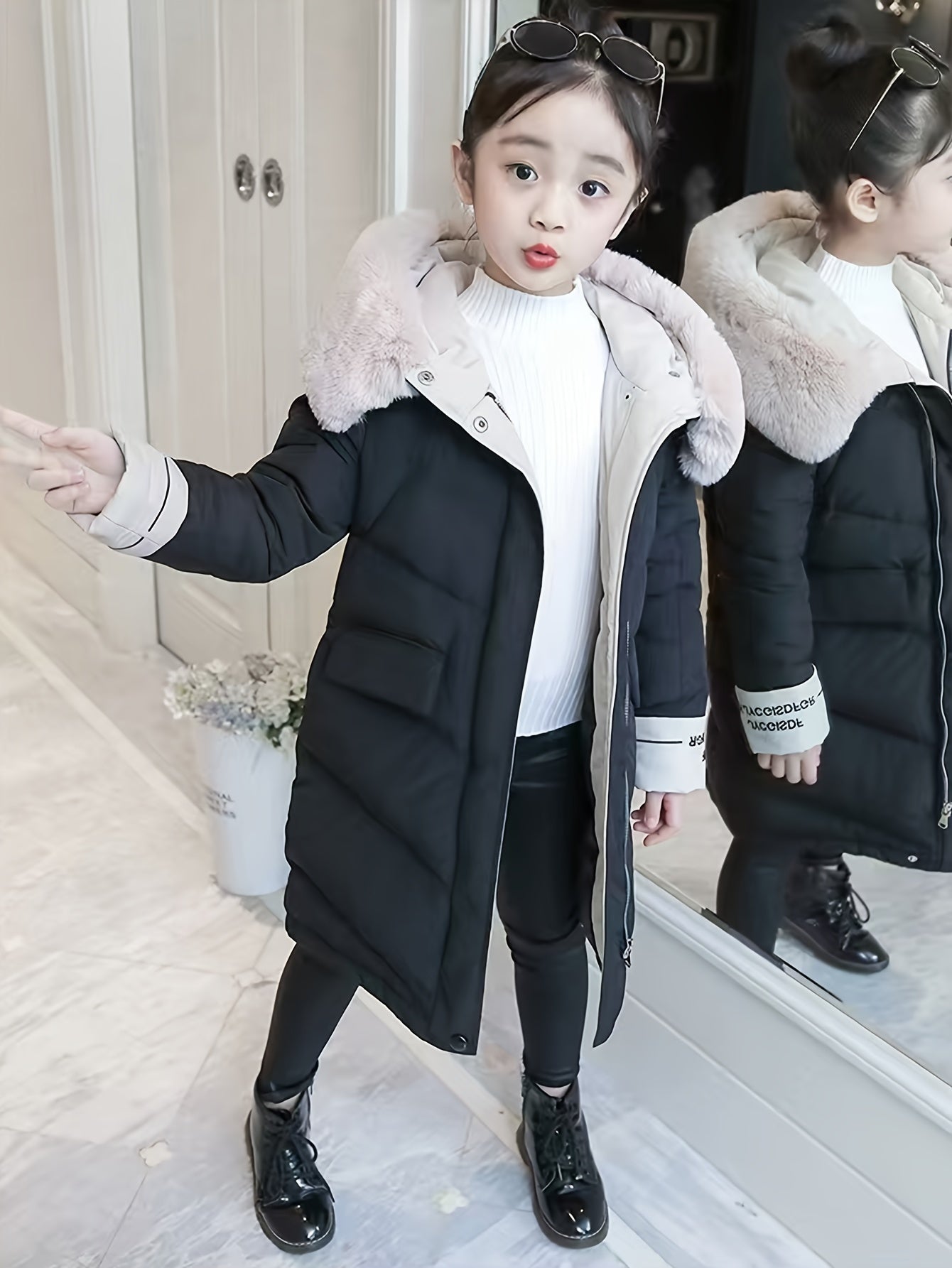 Girls Winter Puffer Coat with Faux Fur Hood Embroidered Alphabet Skinny Fit