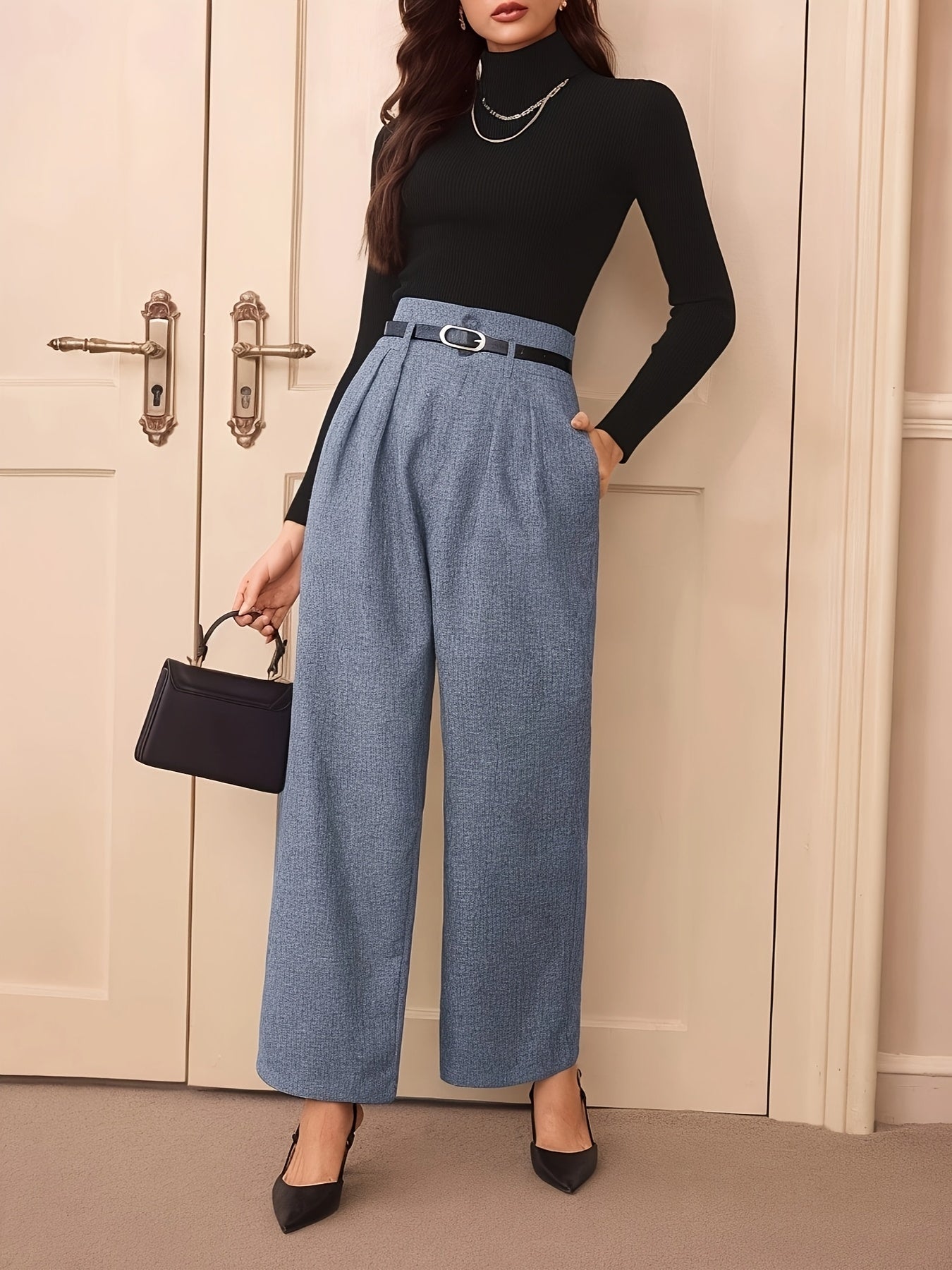 Women's High-Waist Gray Wide Leg Pants Polyester Non-Stretch All-Season Elegant Long