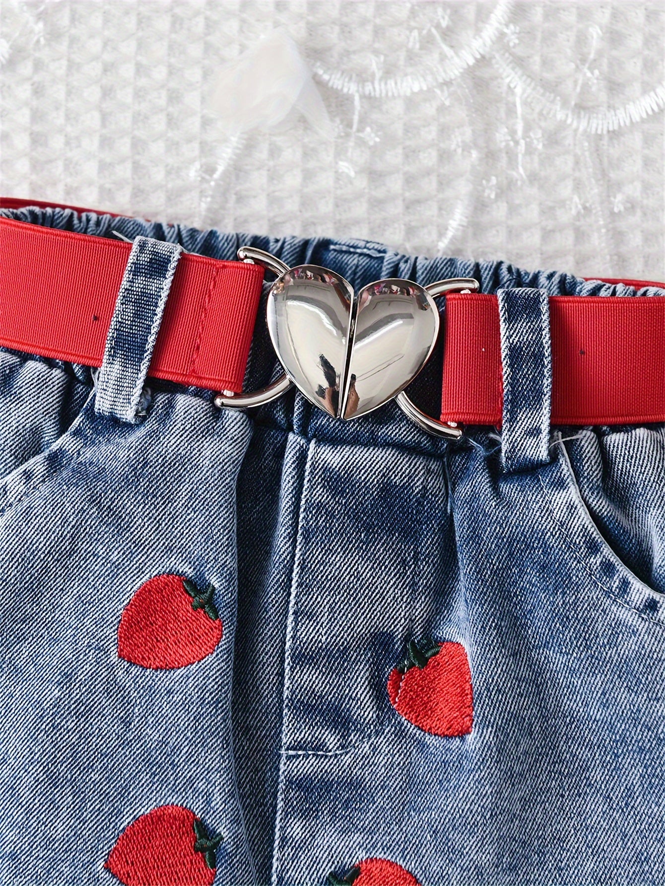 Girls Summer Outfit Set Off-Shoulder Top with Strawberry Embroidery and Heart Belted Shorts Breathable Polyester Casual