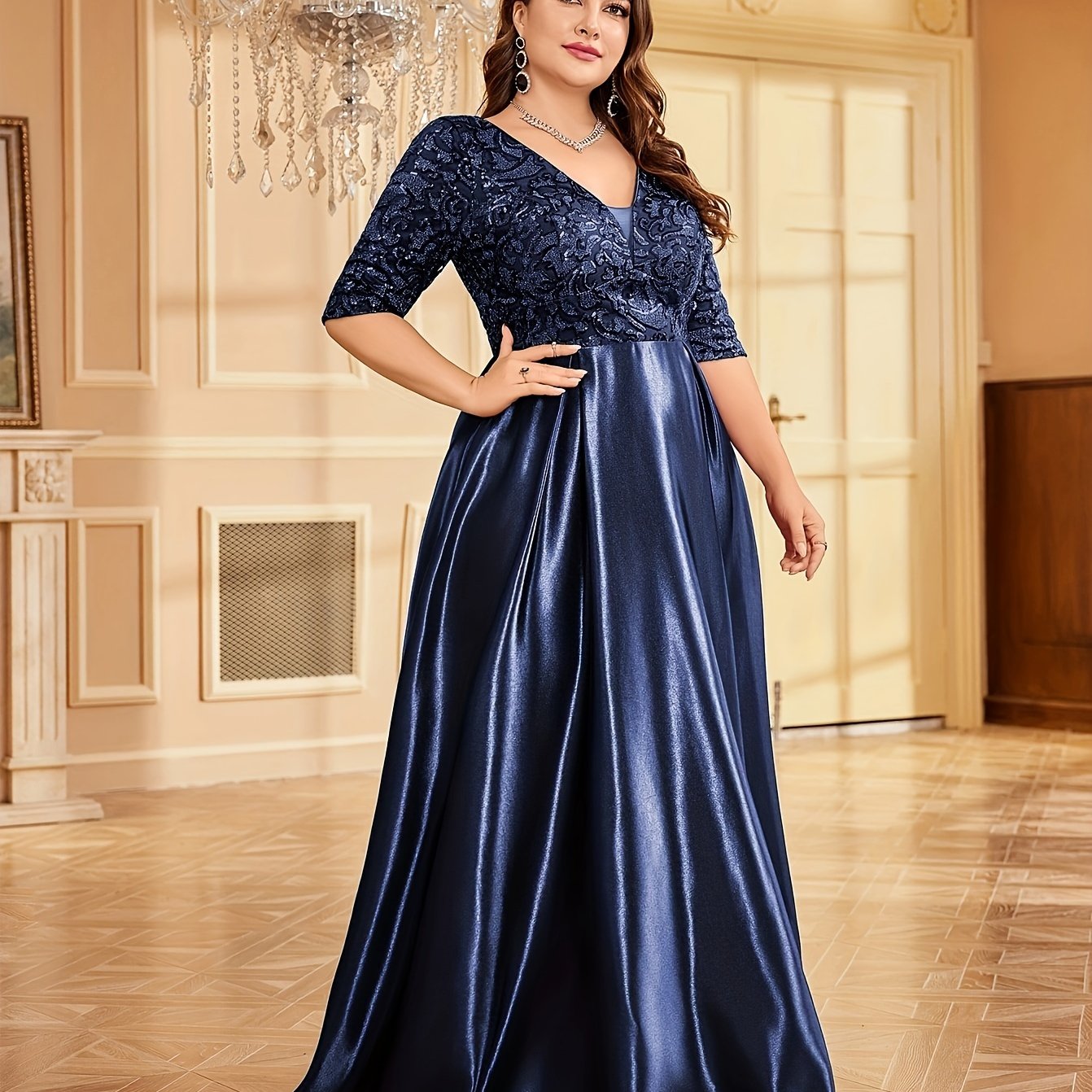 Women Sequin V-Neck Wedding Dress Mermaid A-Line Formal Gown