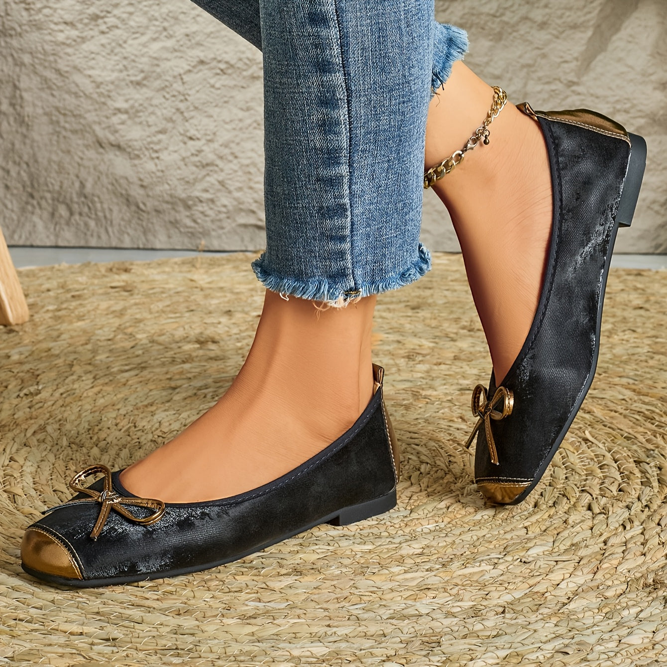 Zapatos planos de ballet negros para mujer con lazo dorado, zapatos sin cordones