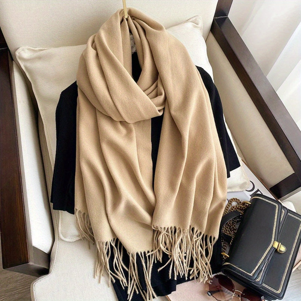 Women Black Tassel Shawl Scarf Thick Plush Wool Feel Double-Sided Cashmere Autumn Winter
