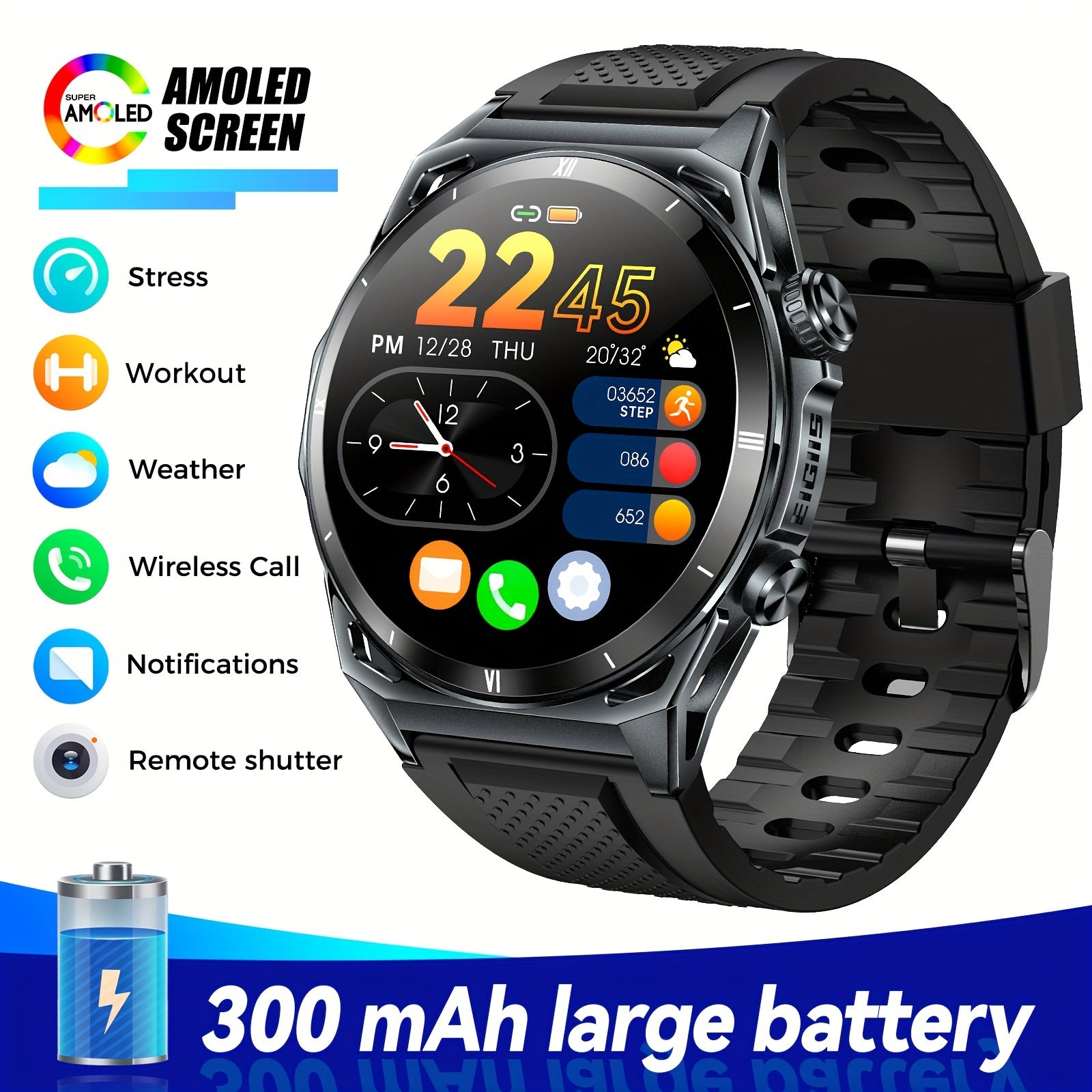 Men's Smartwatch with AMOLED Display 3.63cm Fitness Tracker Call Answering Music Control