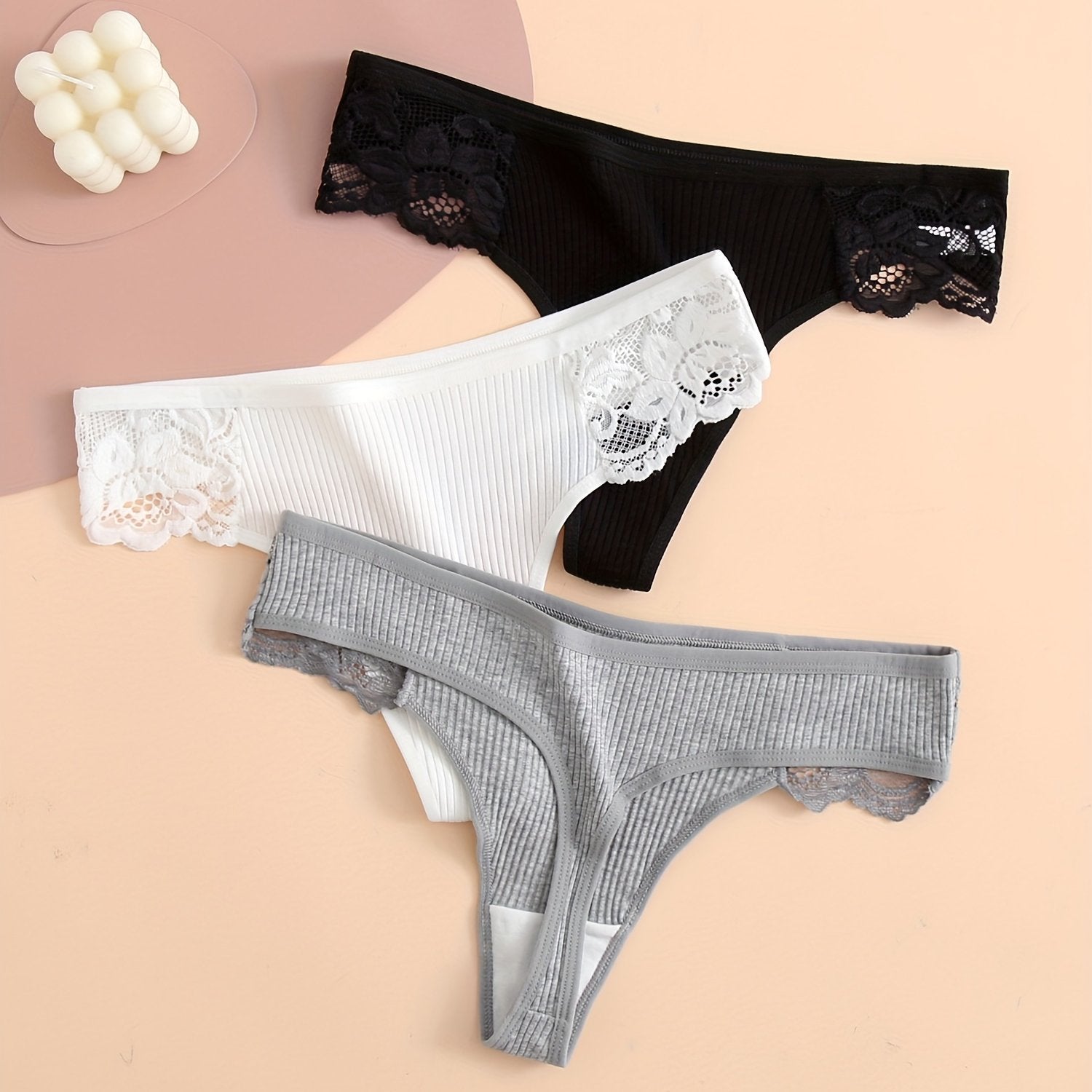 Women's Cotton Lace Thongs Set 3 Pack Soft Ribbed Comfortable Underwear