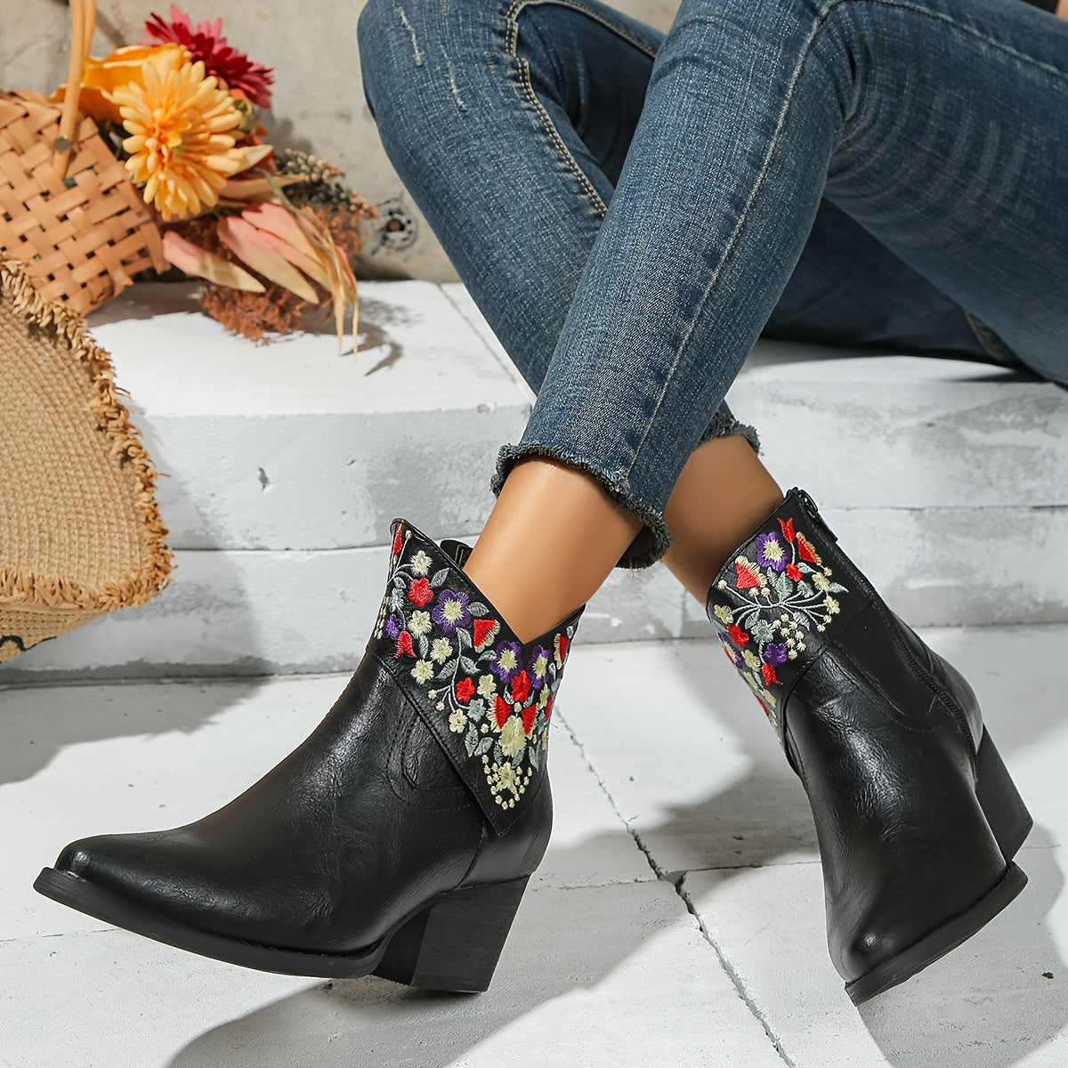 Women's Flower Pattern Chunky Heel Short Boots Leather Point Toe Ankle Zipper