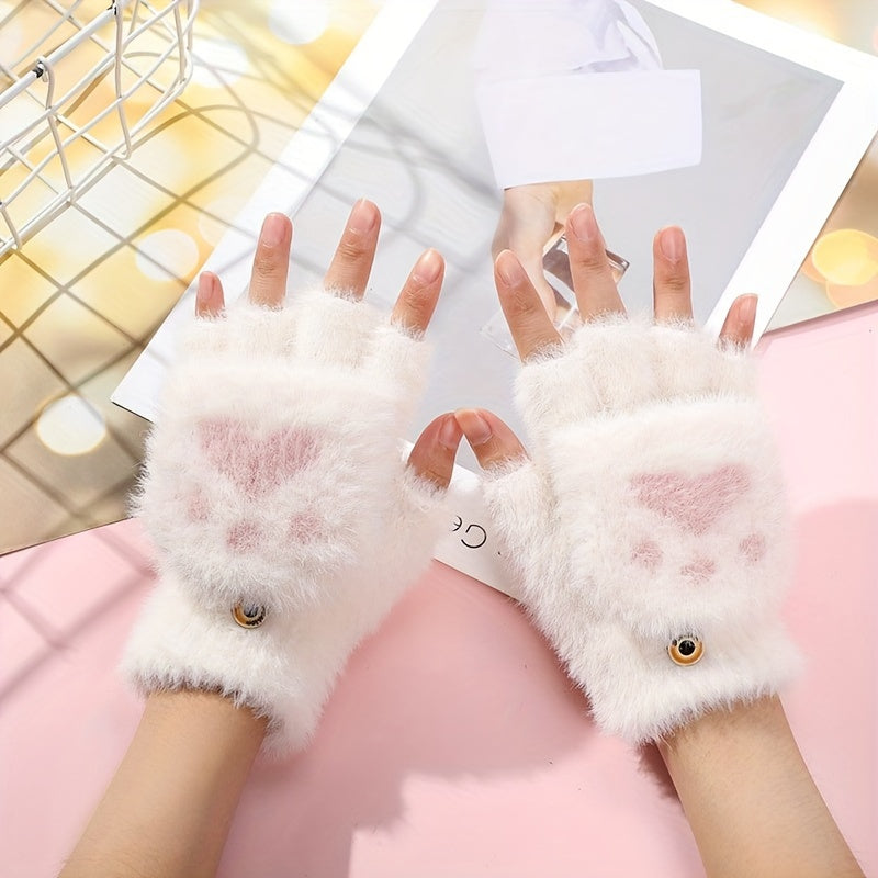 Convertible Acrylic Gloves with Cartoon Cat Claw Design, Non-Slip Grip, Windproof Winter Gloves