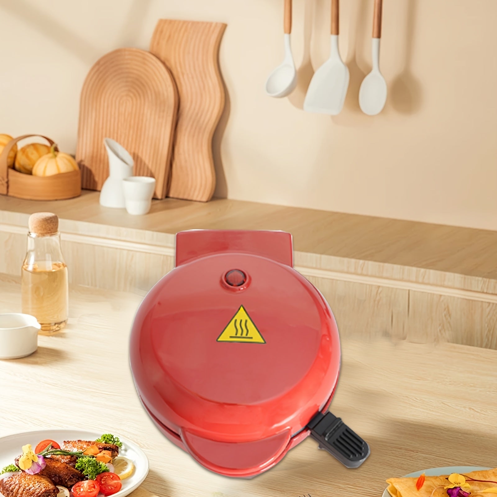Small red electric kitchen breakfast machine for waffles and sandwiches