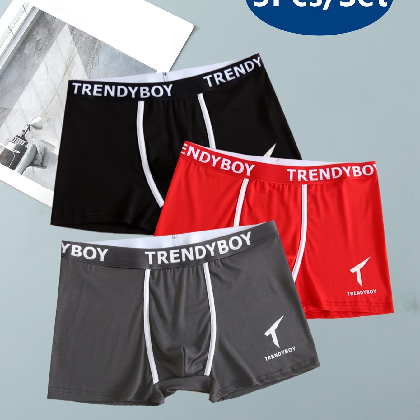 Men's Cotton Boxer Briefs Set 3 Solid Color Fashion Letter Print Breathable Underwear