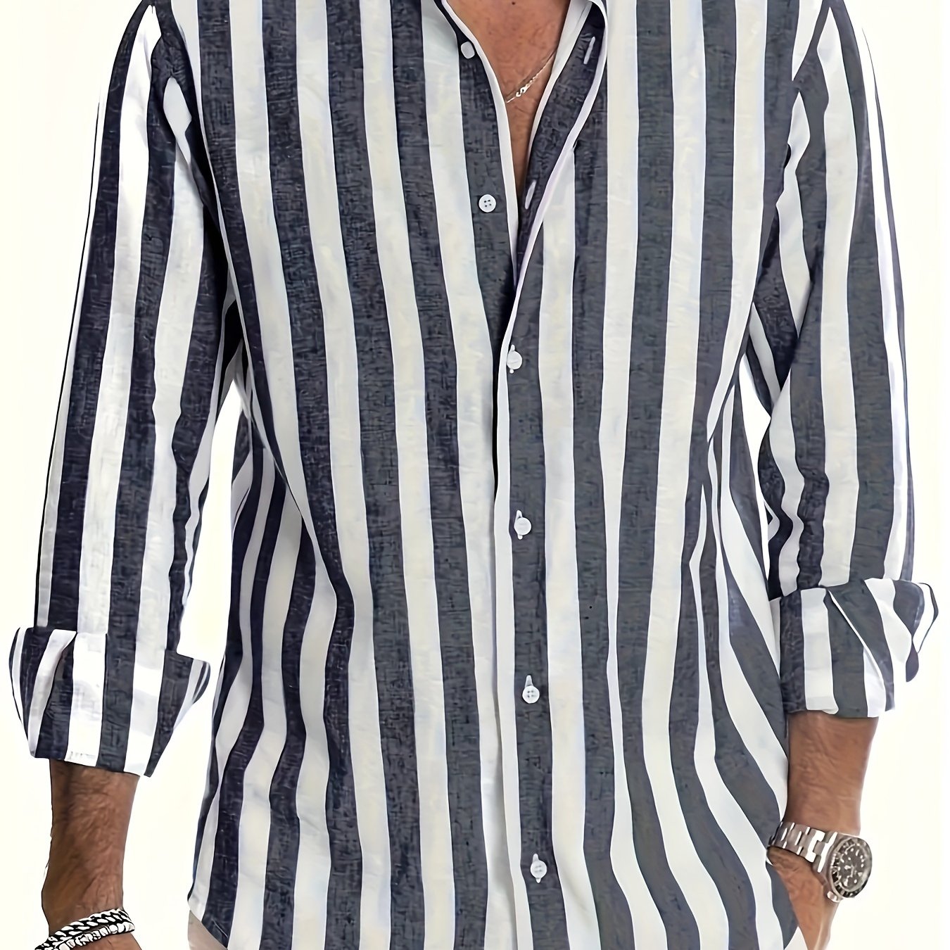Men's Cotton Linen Striped Long Sleeve Shirt Casual White Brown for Beach Vacation and Date Night